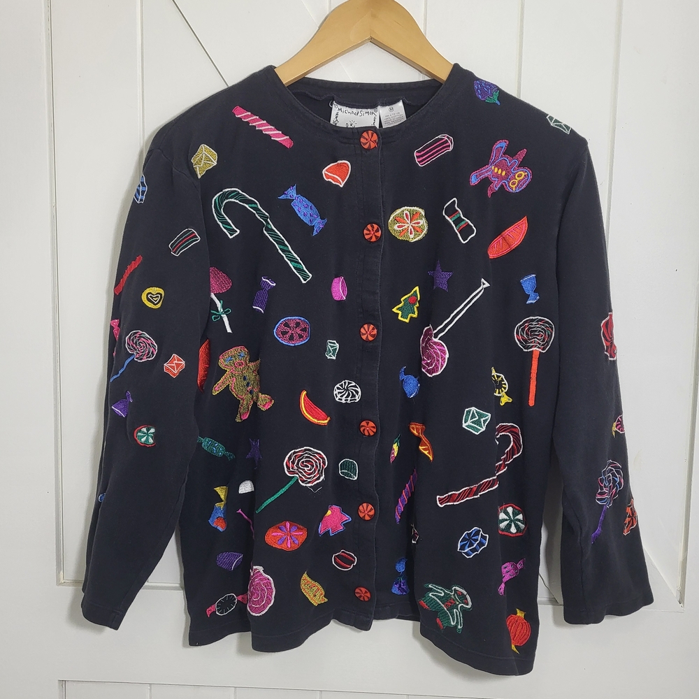 VTG Michael Simon Christmas Embroidered Candy Button Up Cardigan‎ Women's M